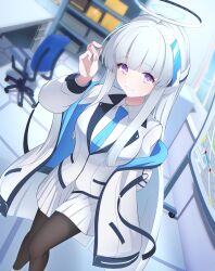 Rule 34 | black pantyhose, blue archive, blue necktie, box, chair, desk, grey hair, halo, headgear, jacket, looking at viewer, mikishiro, necktie, noa (blue archive), pantyhose, purple eyes, shirt, shoes, smile, standing, white hair, white jacket, white shirt, white shoes, window