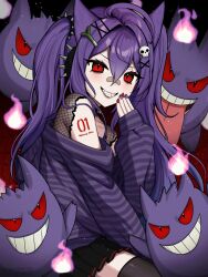 Rule 34 | 1girl, alternate costume, alternate eye color, alternate hair color, artist name, bandaid, bandaid on face, bandaid on nose, black skirt, commentary, creatures (company), fishnet top, fishnets, food-themed hair ornament, from side, fusion, game freak, gen 1 pokemon, gengar, grin, hair between eyes, hair ornament, hand up, hatsune miku, highres, long hair, looking at viewer, looking to the side, miniskirt, nail polish, nintendo, off shoulder, pokemon, pokemon (creature), purple hair, purple nails, purple sweater, red eyes, red nails, sitting, skirt, skull hair ornament, sleeves past wrists, slit pupils, smile, solo, spiked hair ornament, spring onion hair ornament, striped clothes, striped sweater, sweater, thighhighs, twintails, two-tone nails, upper body, vickie (cryingrobot), vocaloid, x hair ornament