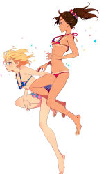 2girls artistic_error barefoot bikini blonde_hair blue_eyes brown_eyes brown_hair covered_erect_nipples dark-skinned_female dark_skin flat_chest highres long_hair mebae multiple_girls original simple_background star_(symbol) swimsuit tan tanline white_background wrong_foot