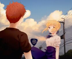 1boy 1girl artoria_pendragon_(fate) back blonde_hair blue_skirt blue_sky breasts bun_with_braided_base cloud commentary_request emiya_shirou fate/stay_night fate_(series) green_eyes hair_bun hair_ribbon high-waist_skirt medium_breasts orange_hair puffy_short_sleeves puffy_sleeves ribbon road_sign saber_(fate) shirt short_sleeves sign single_hair_bun skirt sky suzuakks t-shirt utility_pole white_shirt