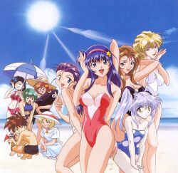 1990s_(style) 1boy 6+girls amano_hikaru aqua_crimson arms_behind_head arms_up barefoot beach beach_umbrella bikini black_eyes black_hair blonde_hair blue_bikini blue_eyes blue_hair breasts brown_hair casual_one-piece_swimsuit cleavage day dress everyone freckles fressange_ines green_hair grey_hair grin hairband hat holding holding_toy hoshino_ruri kidou_senkan_nadesico long_hair looking_at_viewer looking_back maki_izumi megumi_reinard minato_haruka misumaru_yurika multiple_girls navel non-web_source official_art one-piece_swimsuit open_mouth outdoors pale_skin polka_dot polka_dot_swimsuit purple_hair red_lips retro_artstyle round_eyewear semi-rimless_eyewear short_hair smile squatting standing strapless strapless_one-piece_swimsuit straw_hat subaru_ryoko sun sun_hat swimsuit tenkawa_akito toy twintails umbrella v_arms white_bikini white_dress white_one-piece_swimsuit yellow_eyes