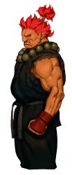 1boy akuma_(street_fighter) arm_at_side beads black_dougi capcom_vs_snk clenched_hand dougi fingerless_gloves from_side game_cg gloves highres ikeno_daigo looking_at_viewer male_focus martial_arts_belt mma_gloves muscular muscular_male non-web_source official_art parted_lips prayer_beads red_eyes red_hair scowl simple_background sleeveless solo street_fighter teeth topknot torn_clothes torn_sleeves veins veiny_arms veiny_face white_background