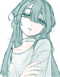 1girl alien_stage choker green_eyes grey_hair half-closed_eyes hand_on_own_arm highres long_hair parted_lips simple_background sketch solo upper_body white_background white_choker ye_nayuta