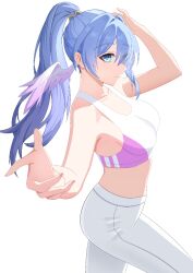 1girl alternate_costume alternate_hairstyle bare_shoulders blue_eyes blue_hair breasts closed_mouth cowboy_shot crop_top feathered_wings fingernails hair_between_eyes hair_ornament hand_on_own_head hands_up head_wings high_ponytail honkai:_star_rail honkai_(series) long_fingernails long_hair looking_at_viewer medium_breasts midriff nail_polish pants pink_nails pink_tank_top ponytail robin_(honkai:_star_rail) sidelocks simple_background solo standing tank_top w67732579 white_background white_pants wings