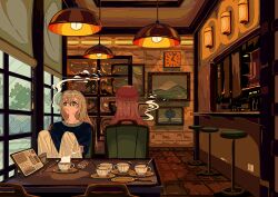 2girls analog_clock artdroiiid_ii bar_(place) bar_stool beanie blue_sweater bright_pupils brown_eyes brown_hair cafe ceiling_light chair cigarette cigarette_pack clock closed_mouth commentary cup double-parted_bangs english_commentary expressionless from_behind hair_between_eyes hanging_light hat highres hill indoors knees_up long_bangs long_hair long_sleeves menu multiple_girls no_nose ocean on_chair original painting_(object) pants plate pull_cord sitting smoke smoking spoon steam stool straight_hair sweater table tea teacup tile_floor tile_wall tiles tree wall_lamp white_pants wide_shot window window_blinds yellow_pupils