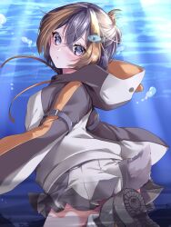 Rule 34 | 1girl, animal hood, bird tail, black hair, blonde hair, blue eyes, blush, breasts, bubble, fish hair ornament, folded ponytail, from behind, hair between eyes, hair ornament, highres, hood, hoodie, irie (engawaittyou), looking at viewer, multicolored hair, neckerchief, nijisanji, nijisanji en, penguin hood, petra gurin, petra gurin (1st costume), pleated skirt, skirt, small breasts, solo, streaked hair, tail, underwear, virtual youtuber, white skirt, yellow neckerchief