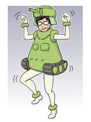 Rule 34 | 1boy, alternate costume, bodysuit, caterpillar tracks, costume, dancing, girls und panzer, glasses, gradient background, green bodysuit, green hat, grey background, hat, military vehicle, motor vehicle, rectangular eyewear, standing, standing on one leg, sweat, takahashi kurage, tank, tank turret, tsuji renta