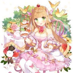 1girl bird blonde_hair blunt_bangs breasts cleavage cup detached_sleeves dress flower frilled_dress frills gold_tiara green_eyes holding holding_cup holding_plate lina_princella long_hair on_chair pantyhose pink_dress plate rabbit salt_(salty) sitting table uchi_no_hime-sama_ga_ichiban_kawaii very_long_hair white_pantyhose