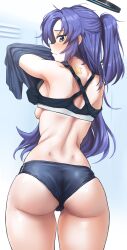 1girl absurdres armpits arms_up ass back backboob bare_shoulders blue_archive blue_eyes blue_hair blush breasts dimples_of_venus halo high_ponytail highres large_breasts locker locker_room long_hair looking_at_viewer looking_back ponytail radioneet solo sports_bra star_sticker thighs undressing yuuka_(blue_archive)