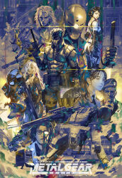 Rule 34 | 3girls, 6+boys, abs, aircraft, artist name, assault rifle, balaclava, bandana, belt, belt pouch, beret, black choker, black tank top, blood, blood in hair, blue headband, box, braveking, breasts, cardboard box, choker, cleavage, coat, codec call, collared shirt, commentary, copyright name, cyborg, english commentary, fingerless gloves, gas mask, gatling gun, glasses, gloves, gray fox, gun, hair over one eye, hal emmerich, handgun, hat, headband, helicopter, high collar, highres, holding, holding gun, holding weapon, lab coat, large breasts, liquid snake, long hair, mask, mei ling, meryl silverburgh, metal gear (series), metal gear rex, metal gear solid, military uniform, minigun, multiple boys, multiple girls, muscular, muscular male, necktie, ninja, one-eyed, oni mask, pants, parted bangs, pectorals, ponytail, pouch, psycho mantis, revolver ocelot, rifle, roy campbell, scar, shirt, short hair, sideboob, snake box sneak, sneaking suit, sniper rifle, sniper wolf, solid snake, standing, suppressor, sword, tank top, thigh strap, utility belt, vulcan raven, weapon, wolf