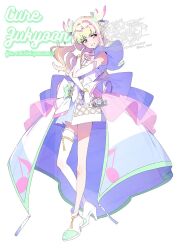 1girl ascot back_bow bare_shoulders beads blonde_hair blue_skirt boots bow bracelet brown_eyes character_name circlet commentary copyright_name cure_zukyuun dot_nose dress dress_bow elbow_gloves feather_hair_ornament feathers fortissimo full_body gloves gold_bracelet gradient_hair green_hair hair_beads hair_intakes hair_ornament happy head_tilt heart high_heel_boots high_heels highres holding holding_wand jewelry kimi_to_idol_precure large_bow light_blush long_dress long_hair magical_girl miniskirt multicolored_hair multiple_bracelets musical_note musical_note_hair_ornament musical_note_print open_mouth pink_ascot pink_hair pleated_skirt pleated_sleeves precure purirun_(precure) purple_bow serizawa_serizane short_sleeves simple_background single_bare_leg single_thighhigh skirt skirt_under_dress smile solo standing streaked_hair tachi-e thigh_strap thighhighs twitter_username wand watermark wavy_hair white_background white_boots white_bow white_dress white_gloves white_thighhighs wide_sleeves