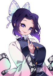 Rule 34 | 1girl, belt, black shirt, breasts, butterfly hair ornament, buttons, commentary, demon slayer uniform, hair ornament, hand up, haori, highres, index finger raised, japanese clothes, kimetsu no yaiba, kochou shinobu, large breasts, long sleeves, looking at viewer, mandarin collar, open clothes, open mouth, purple eyes, purple hair, raptor7, shirt, short hair, simple background, smile, solo, symbol-only commentary, teeth, upper body, white background, white belt, wide sleeves