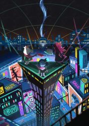 Rule 34 | 1boy, 1girl, 1other, absurdres, animal ears, blue skin, building, cape, car, city, colored skin, deltarune, ferris wheel, goat boy, goat ears, goat horns, highres, horns, jacket, kris (dark world) (deltarune), kris (deltarune), motor vehicle, neon lights, night, night sky, purple skin, queen (deltarune), ralsei, scarf, sky, skyscraper, standing, susie (deltarune), watawata22