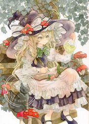 Rule 34 | 1girl, absurdres, apron, black cat, black hat, black shoes, black vest, blonde hair, bow, bowtie, braid, cat, closed mouth, commentary request, flask, green bow, green bowtie, hat, hat bow, highres, holding, holding flask, holding quill, juliet sleeves, kirisame marisa, kisarush, leaf, long hair, long sleeves, mary janes, mushroom, mushroom hat ornament, painting (medium), puffy sleeves, quill, round-bottom flask, shoes, side braid, single braid, sitting, solo, touhou, traditional media, very long hair, vest, waist apron, watercolor (medium), watermark, white apron, white bow, witch hat, yellow eyes
