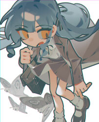 1girl absurdres adjusting_clothes adjusting_shoe bag bang_dream! bang_dream!_it&#039;s_mygo!!!!! black_ribbon black_shoes blue_hair brown_jacket brown_skirt bug collared_shirt commentary floating_clothes floating_hair ghost_(tama) hair_ribbon highres holding_strap insect jacket long_hair long_sleeves looking_down moth open_mouth pleated_skirt ribbon school_bag shirt shoes sidelocks simple_background skirt socks solo standing togawa_sakiko two_side_up white_background white_shirt white_socks yellow_eyes