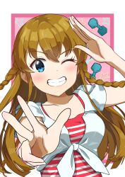 1girl arm_up blue_eyes blush border braid breasts brown_hair commentary dumbbell front-tie_top grin highres idolmaster idolmaster_million_live! idolmaster_million_live!_theater_days kousaka_umi long_hair looking_at_viewer one_eye_closed outside_border outstretched_arm pink_background red_shirt salute shirt short_sleeves smile solo star_(symbol) striped_clothes striped_shirt twin_braids twwibql2kktg5am upper_body w white_border