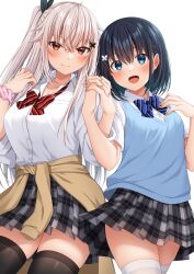 Rule 34 | 2girls, :d, black hair, black ribbon, black thighhighs, blue bow, blue eyes, blush, bow, braid, breasts, brown cardigan, butterfly hair ornament, cardigan, cardigan around waist, closed mouth, clothes around waist, collared shirt, commentary request, diagonal-striped bow, dress shirt, etna (kuzuyu), grey hair, grey skirt, hair between eyes, hair ornament, hair ribbon, hands up, highres, holding hands, interlocked fingers, komori kuzuyu, long sleeves, looking at viewer, medium breasts, multiple girls, one side up, open mouth, original, plaid clothes, plaid skirt, pleated skirt, pointy ears, red bow, red eyes, ribbon, rivier (kuzuyu), shirt, short sleeves, simple background, skirt, small breasts, smile, sweater vest, thighhighs, white background, white shirt, white thighhighs