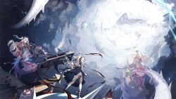 3girls admiral_hipper_(meta)_(azur_lane) apocalypse azur_lane black_sky blonde_hair bluecher_(azur_lane) cane cloud cloudy_sky creature dress floating floating_hair frills full_body game_cg gloves green_eyes hair_between_eyes hair_ornament highres holding leg_ribbon leg_tattoo lightning long_hair long_sleeves looking_up machinery multiple_girls non-web_source prinz_eugen_(azur_lane) ribbon rigging scenery short_dress sky solo spirit standing standing_on_object tattoo tentacles white_hair