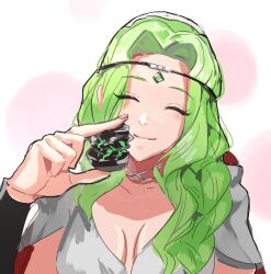 1girl breasts circlet cleavage closed_eyes closed_mouth crushed_can crushing fire_emblem fire_emblem_heroes green_hair hashiko_(neleven) long_hair monster_energy nintendo nott_(fire_emblem)