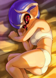 1girl ass bed_sheet blush bra breasts domino_mask female_focus highres ikachangenema inkling inkling_girl inkling_player_character lying mask matching_underwear narrowed_eyes nintendo on_side panties petite pink_eyes pointy_ears purple_hair shadow short_hair small_breasts solo splatoon_(series) striped_bra striped_clothes striped_panties tentacle_hair thighs underwear white_panties
