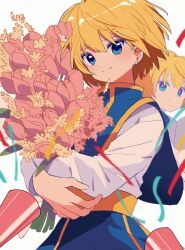 1boy blue_eyes blue_skirt closed_mouth highres hunter_x_hunter kurapika looking_at_viewer male_focus multiple_views sanamaru_(sana79261827) shirt skirt smile solo upper_body white_shirt