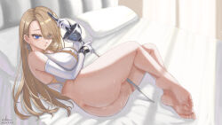 1girl absurdres ass bare_shoulders barefoot blonde_hair blue_eyes breasts brown_dust_(series) brown_dust_2 chu31004 earrings eyes_visible_through_hair full_body gloves hair_over_one_eye highres holding holding_sword holding_weapon indoors jewelry large_breasts long_hair looking_at_viewer lying on_bed on_side pillow pussy_juice signature solo sweat sword weapon weapon_between_legs white_gloves wilhelmina_(brown_dust)