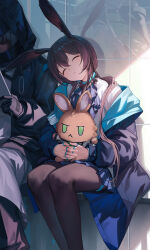 Rule 34 | 1girl, 1other, ambiguous gender, amiya (arknights), animal ear fluff, arknights, ascot, black pantyhose, blue ascot, blue jacket, brown hair, closed eyes, closed mouth, doctor (arknights), holding, holding stuffed toy, jacket, long sleeves, miniskirt, multiple rings, nian (zhanian), pantyhose, plaid clothes, plaid skirt, pleated skirt, puffy long sleeves, puffy sleeves, rabbit ears, rabbit girl, ring, shirt, sitting, skirt, stuffed toy, twintails, white shirt