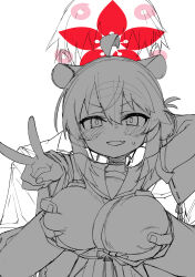 1boy 1girl animal_ears blue_archive breasts choker grabbing_another&#039;s_breast groping highres hitotose_rin kaede_(blue_archive) large_breasts monochrome oppai_loli simple_background upper_body v white_background