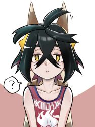1boy ? black_hair colored_inner_hair crossed_bangs furret gen_2_pokemon hair_between_eyes hairband highres kieran_(pokemon) mole mole_on_neck multicolored_hair nintendo pokemon pokemon_(creature) pokemon_sv purple_hair red_tank_top tank_top tantei_cafe tareme upper_body yellow_eyes yellow_hairband