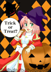 1girl back_bow black_background blush bow breasts commentary_request dress eating english_text full_body green_eyes halloween hat high_priest_(ragnarok_online) impossible_clothes impossible_dress jack-o&#039;-lantern juliet_sleeves kazu_ayase kneeling long_sleeves looking_at_viewer medium_breasts medium_hair open_mouth orange_background pink_hair puffy_sleeves pumpkin purple_hat quve_(ragnarok_online) ragnarok_online red_dress sash smile solo thighhighs trick_or_treat two-tone_dress white_bow white_dress white_sash white_thighhighs witch_hat