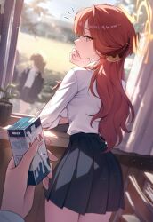 1other 3girls absurdres against_windowsill alternate_costume aru_(blue_archive) blue_archive chair commentary_request day demon_horns desk dress_shirt halo hand_on_own_chin hashtag-only_commentary highres holding holding_milk_carton horns indoors long_hair looking_back milk_carton multiple_girls notice_lines okkimon orange_eyes plant pleated_skirt potted_plant pov red_hair school school_chair school_desk school_uniform shirt sideways_glance skirt white_shirt window