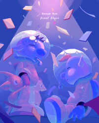 Rule 34 | 2boys, absurdres, backpack, bag, big nose, black eyes, blonde hair, blue background, blue bag, blue gloves, brown hair, buttons, closed eyes, closed mouth, colored skin, confetti, crack, cracked glass, dirty, dirty face, english text, expressionless, frown, full body, gloves, hand on another&#039;s head, helmet, highres, hug, louie (pikmin), male focus, multiple boys, nintendo, no mouth, olimar, pikmin (creature), pikmin (series), pikmin 2, pointy ears, radio antenna, red bag, red gloves, sad, short hair, sitting, space helmet, spacesuit, spotlight, standing, very short hair, whistle, yellow pikmin, yellow skin, yu pikmin