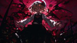 1girl :d ascot black_skirt black_vest black_wings blonde_hair commentary glowing glowing_eyes hair_ribbon long_sleeves looking_at_viewer open_mouth red_ascot red_background red_eyes red_ribbon ribbon rumia shirt short_hair skirt smile solo touhou vest white_shirt wings xiirus