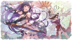 2girls animal_ears bell fan granblue_fantasy granblue_fantasy_versus:_rising highres multiple_girls official_art purple_hair societte_(granblue_fantasy) sword tail weapon white_hair yuel_(granblue_fantasy)