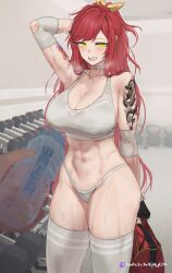 1girl abs absurdres arm_tattoo bra breasts choker cleavage elly_(vtuber) grey_bra grey_panties grey_sports_bra grin gym highres indie_virtual_youtuber jin_rou large_breasts panties red_hair smile sports_bra stomach sweat tattoo underwear underwear_only virtual_youtuber