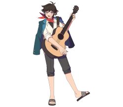 1boy acoustic_guitar bad_source bandana black_hair black_pants black_shirt brown_hair collared_shirt full_body green_jacket guitar highres holding holding_instrument instrument jacket jacket_on_shoulders looking_at_viewer male_focus music official_art open_mouth pants playing_instrument purple_eyes red_bandana sandals shirt short_hair simple_background sleeves_rolled_up smile solo song_hyeon-u standing white_background white_shirt zombie_high_school