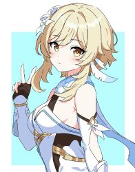 1girl :| bare_shoulders black_gloves blonde_hair blue_background blush breasts closed_mouth detached_sleeves flower from_side genshin_impact gloves hair_between_eyes hair_flower hair_ornament hand_up highres kousuke0912 long_sleeves looking_at_viewer lumine_(genshin_impact) medium_breasts partially_fingerless_gloves short_hair_with_long_locks sleeveless solo two-tone_background upper_body v white_background white_flower white_sleeves yellow_eyes