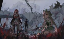 1boy 2girls absurdres ahoge bird black_gloves black_hair black_jacket black_pants black_shoes black_socks blonde_hair changli_(wuthering_waves) corsage crow detached_sleeves flower gloves grass green_eyes green_skirt headband high_heels highres holding holding_sword holding_weapon ian46166491 jacket male_rover_(wuthering_waves) mountain multiple_girls open_clothes open_jacket overcast pangu_terminal_(wuthering_waves) pants pink_hair red_plant rover_(wuthering_waves) ruins shoes sitting skirt sky socks sword tree verina_(wuthering_waves) weapon white_gloves wuthering_waves yellow_flower