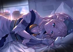 1girl bed_sheet beer_mug blue_eyes breasts cleavage closed_mouth collared_shirt cup dress_shirt earrings fingerless_gloves gloves hair_between_eyes indoors jewelry long_hair looking_at_viewer lying medium_breasts mug na neck_ribbon on_side orange_neckwear ouka_(ra-raradan) parted_bangs pillow pointy_ears princess_connect! shirt silver_hair smile solo stone_wall underbust undone_neck_ribbon wall white_gloves white_shirt wing_collar yukari_(princess_connect!)