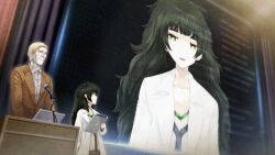 alexis_leskinen bad_tag blonde_hair blunt_bangs brown_jacket collar collarbone collared_shirt dress flat_chest from_side frown game_cg green_collar green_eyes green_hair green_trim grey_dress highres hiyajou_maho hiyajou_maho_(salieri) holding holding_tablet_pc huke jacket lab_coat lapels long_hair long_sleeves looking_at_another looking_at_viewer messy_hair non-web_source notched_lapels official_art open_clothes open_mouth podium ringed_eyes shirt short_hair smile square_pupils steins;gate steins;gate_0 tablet_pc thick_eyebrows tongue very_long_hair very_short_hair white_shirt