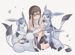 Rule 34 | 1boy, bandaged arm, bandaged leg, bandages, black hair, black headband, black shorts, commentary request, crossover, forehead protector, frown, gen 4 pokemon, glaceon, grey hair, headband, hyuuga neji, indian style, konohagakure symbol, long hair, male focus, naruto (classic), naruto (series), nintendo, pokemon, pokemon (creature), purple eyes, shorts, sidelocks, sitting, usao (313131)