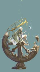 Rule 34 | 1girl, anklet, bare shoulders, braid, colored extremities, commentary, detached sleeves, dress, fei (pixiv7035994), genshin impact, gold, hair ornament, halo, hashtag-only commentary, highres, istaroth (genshin impact), jewelry, long hair, purple hands, simple background, sitting, star (symbol), venti (genshin impact), very long hair, white dress, white hair, yellow eyes, yellow halo