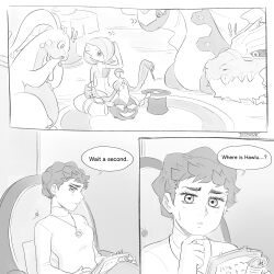 ! !! 1girl absurdres aurorus book chair diantha_(pokemon) gardevoir gen_3_pokemon gen_6_pokemon goodra gourgeist greyscale hat highres holding holding_book monochrome nintendo niosklastenos on_chair pokemon pokemon_(creature) pokemon_xy sitting speech_bubble sweatdrop top_hat tyrantrum
