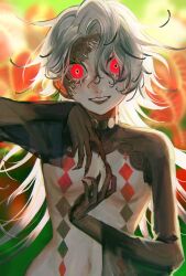 1girl breasts green_background grey_hair hands_up highres long_hair looking_at_viewer momomo_906 original plant red_eyes shrug_(clothing) small_breasts solo upper_body venus_flytrap