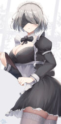 1girl 2b_(nier:automata) :o alternate_costume black_blindfold black_bow black_dress black_hairband blindfold bow breasts cleavage clipboard detached_collar dress enmaided frills from_side grey_hair hairband harurunoe highres holding holding_clipboard large_breasts long_sleeves looking_at_viewer maid maid_headdress mole mole_under_mouth nier:automata nier_(series) puffy_sleeves short_hair solo thighhighs thighs twisted_torso white_thighhighs zettai_ryouiki