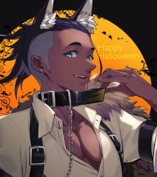 1boy alternate_costume animal_ear_fluff animal_ears armband black_armband black_hair chain collar collar_tug collarbone collared_shirt dark-skinned_male dark_skin earrings hand_up happy_halloween highres jewelry male_focus nail_polish nintendo open_mouth orange_nails pokemon pokemon_swsh raihan_(pokemon) shirt solo suspenders teeth undercut upper_body upper_teeth_only white_shirt yunoru