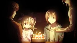 2boys 2girls aged_down arimura_hinae arimura_koichiro arimura_megumi arimura_shingo birthday birthday_cake birthday_party blonde_hair blurry blurry_foreground bow brother_and_sister cake calendar_(object) candle chaos;child check_clothing clothing_request collarbone collared_shirt cropped_jacket family fang father_and_daughter father_and_son food formal_clothes frilled_sleeves frills fruit game_cg green_jacket hair_bow happy_birthday highres holding holding_plate husband_and_wife jacket long_hair long_sleeves looking_at_another mother_and_daughter mother_and_son multiple_boys multiple_girls multiple_hair_bows non-web_source official_art open_mouth orange_theme pink_jacket pink_shirt plate puffy_short_sleeves puffy_sleeves sasaki_mutsumi shirt short_hair short_sleeves siblings smile strawberry strawberry_cake suit suit_jacket tongue twintails white_shirt