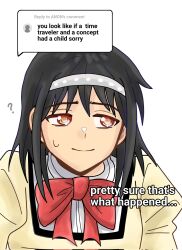 Rule 34 | 1girl, black hair, bow, closed mouth, embarrassed, english text, grey hairband, hairband, highres, if they mated, looking to the side, mahou shoujo madoka magica, medium hair, mitakihara school uniform, original, rawonireng, red bow, school uniform, simple background, smile, solo, sweat, text messaging, upper body, white background, yellow eyes