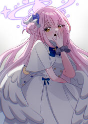 1girl angel_wings blue_archive blue_bow blue_bowtie blush bow bowtie breasts capelet commentary_request crescent dress flower grey_background hair_bun hair_flower hair_ornament hair_scrunchie halo highres long_hair looking_at_viewer low_wings mika_(blue_archive) open_mouth pink_hair purple_flower purple_halo purple_scrunchie scrunchie side_up_bun signature solo tawashi_(hoisassa) white_capelet white_dress wing_ornament wings wrist_scrunchie yellow_eyes