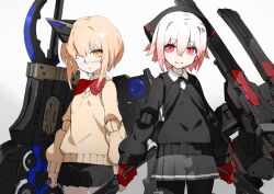 Rule 34 | 2girls, black pantyhose, black skirt, black sweater, blonde hair, bow, bowtie, closed mouth, collared shirt, colored tips, cowboy shot, desktop army, doll joints, eyepatch, gloves, grey skirt, heavily armed high school girls, huge weapon, joints, long sleeves, looking at viewer, medical eyepatch, multicolored hair, multiple girls, neco, pantyhose, pleated skirt, red bow, red bowtie, red eyes, red gloves, san (neco), science fiction, shi (neco), shirt, short hair, simple background, skirt, smile, sweater, weapon, white background, white hair, yellow eyes, yellow sweater